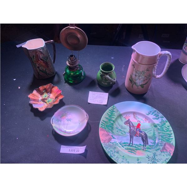 RCMP Plate, German Kosmos Brenner Emerald Green Oil Lantern w Reflector, Pitchers, Rye Pottery Green