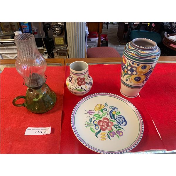 Two Vases  & Serving Plate Made in England by Poole, Green & Clear Glass Oil Lamp