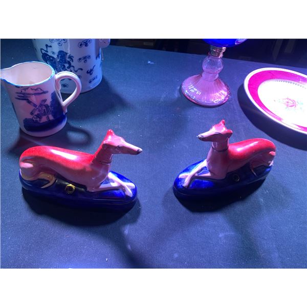 Porcelain Staffordshire Whippet Greyhound Hand Painted Pen Figurine, Blue & White Teapot-Made in Jap