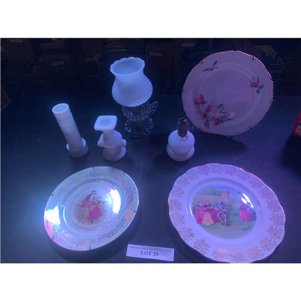 Milk Glass Oil Lanterns, Urn & Vase, Three Beautiful Plates