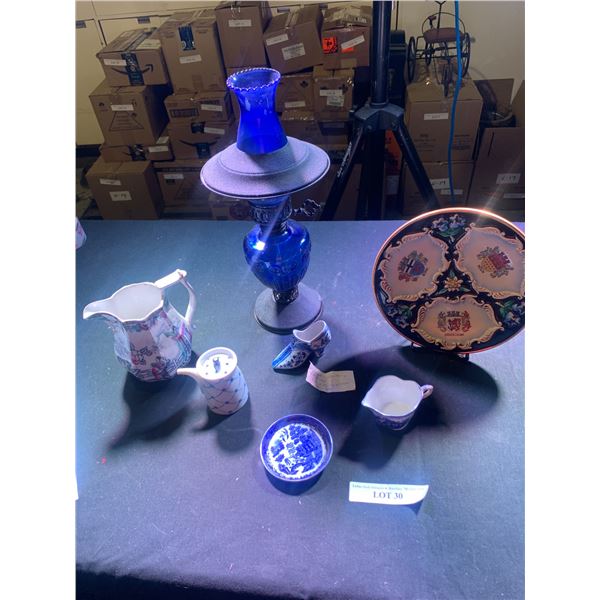 Blue Oil Lamp, Blue & White Dishes, Decorative Plate