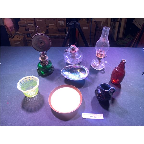 Kosmos Brenner Emerald Green Kerosene Lamp w Brass Reflector, Uranium Glass Bowl, Abalone Shell, Bro