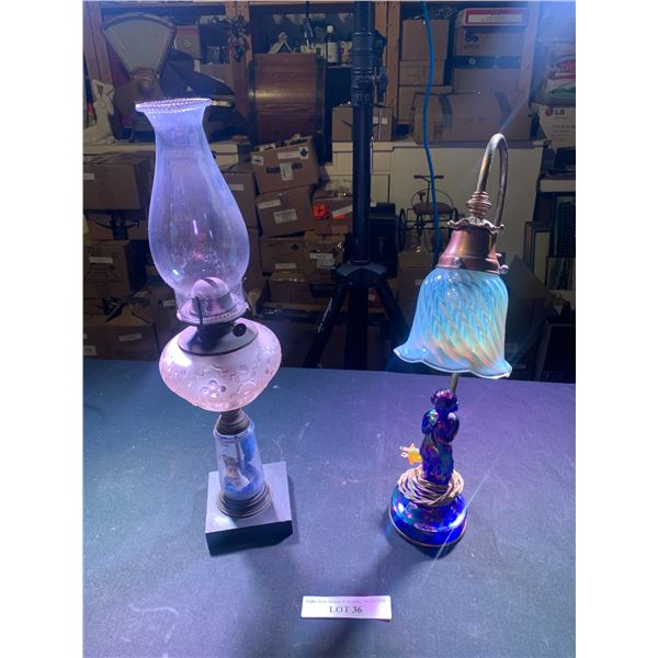 Blue Hand Blown Glass Floral Beside Lamp & Lg Kerosene Lamp