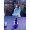 Image 2 : Blue Hand Blown Glass Floral Beside Lamp & Lg Kerosene Lamp