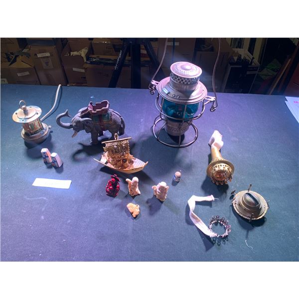 Cast Iron Elephant, Asian Figurines, Blue Thimble,  Salt/Pepper Shakers, Electric Lamp, Blue Glass O