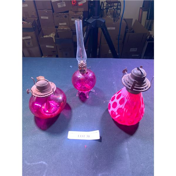 Fenton Coin Dot & Cranberry Coloured Kerosene Lamps
