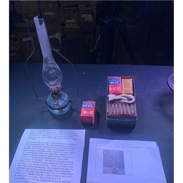 1850-1860 Victorian Aqua Blue Mini Oil Lamp w Wick's & Matches