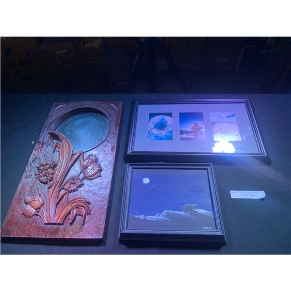 Larone Lafferty Painting, BHP Billiton Framed Pictures, Wood Hand Carved Floral Motive Mirror