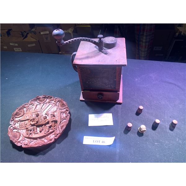 Vintage Coffee Mill 1 lb, Asst Thimbles, Hand Carved Wood Plate