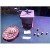 Image 1 : Vintage Coffee Mill 1 lb, Asst Thimbles, Hand Carved Wood Plate