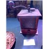Image 2 : Vintage Coffee Mill 1 lb, Asst Thimbles, Hand Carved Wood Plate