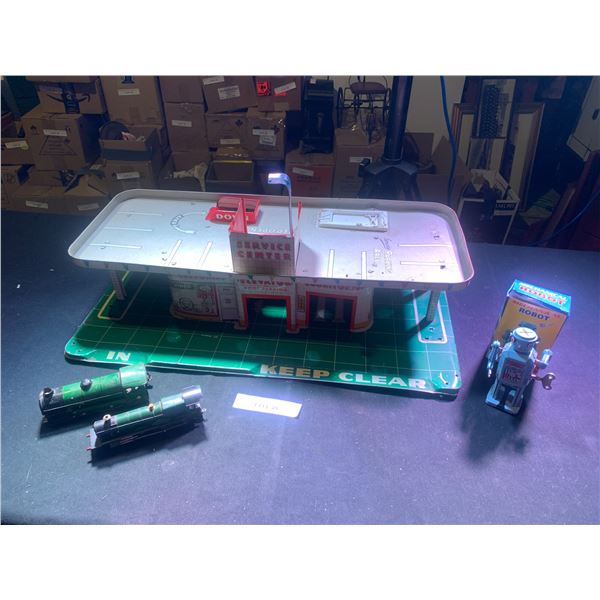 1950's Marx Tin Service Station, 490 & 4983 Locomotive Toy Trains