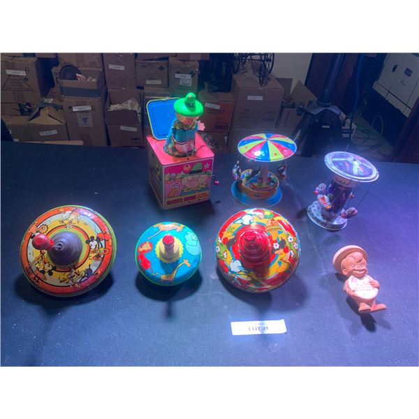 Mother Goose Jack in the Box, Asst Tin Merry-Go-Rounds & Tops, Speedy Alka Seltzer Advertising Figur
