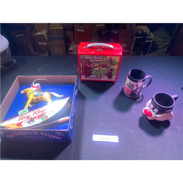 Roy Rogers & Trigger Tin Toy, The Fonz Mug, Yogi Bear Lunch Box, Sylvester Cat Mug