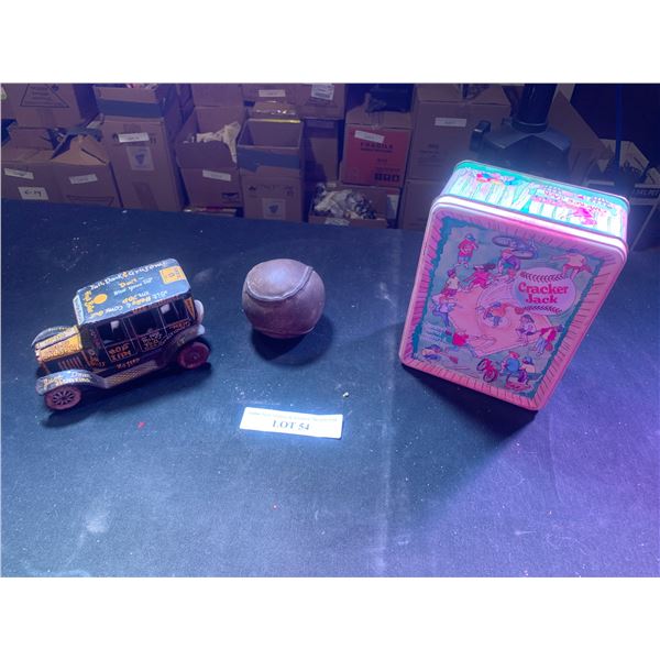 Litho Marx Old Jalopy Wind Up Toy Truck, Tin Truck, Leather Baseball & Cracker Jack Tin