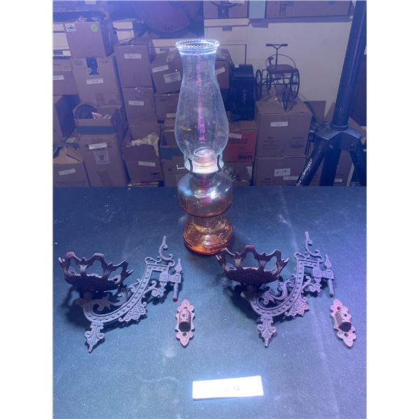 Large Gold Base Oil Lantern & Ornate Vintage Oil Lantern Holders