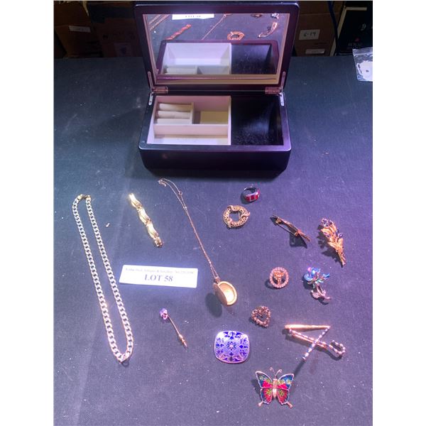 Jewellery Box & Asst Brooches, Necklaces, Bracelet & Lapel Pin