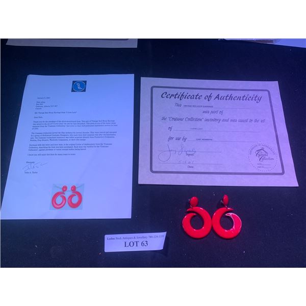 I Love Lucy Vintage Red Hoop Earrings with the Certificate of Authenticity