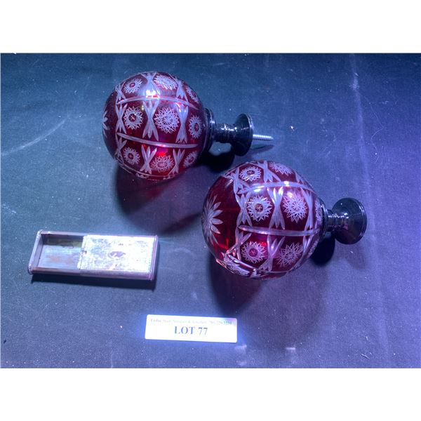 Large Cranberry Colour Crystal Finials & Vintage Sliding Tin