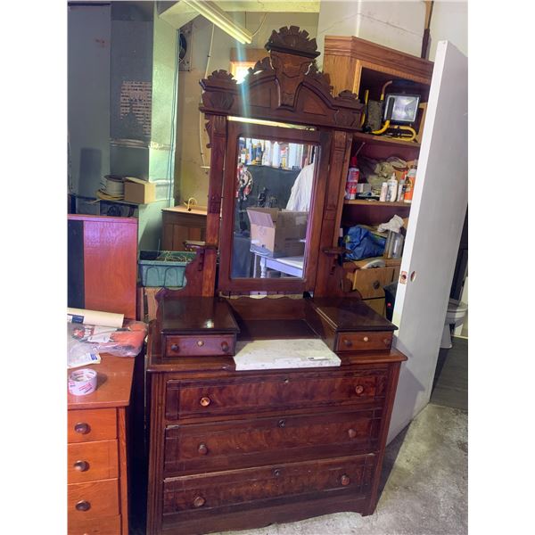 Beautiful Antique 3 Drawer Dresser w Marble Top & Ornate Mirror