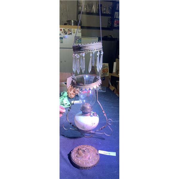 Vintage Lg Hanging Oil Lantern w Crystals & Floral Lamp Shade
