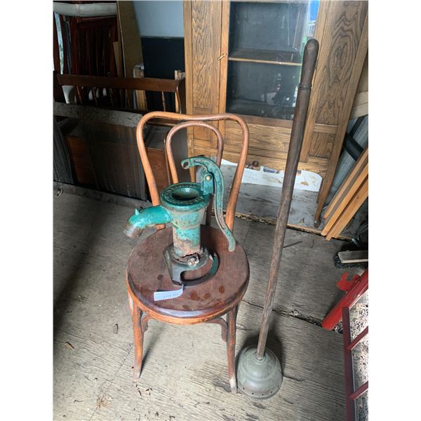 Monarch Machinery Cast Iron Water Pump, Wood Chair & Antique Hand Washer Plunger