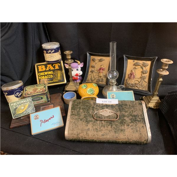 Antique Foot Warmer, Asst Tins, Oil Lantern, Zig Zag Jars, Brass Candle Holder, Asian Wall Decor