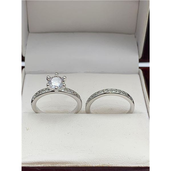 V.Wang Style Double Engagement/Wedding Ring 1.0 Carat Solitaire Bezel Band Set Size 7