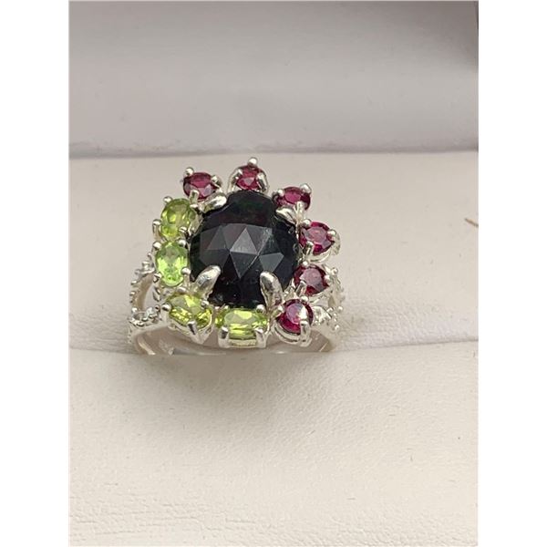 Natural Black Opals 8.87 Carat Multi Stone Cluster Top Ring 925 Silver Apprasal $1200.00