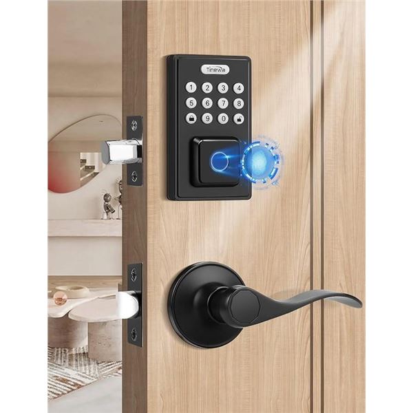Tinewa Fingerprint Entry Door Lock, Black Smart Lock Front Door Handle Sets Lever, Electronic Digita