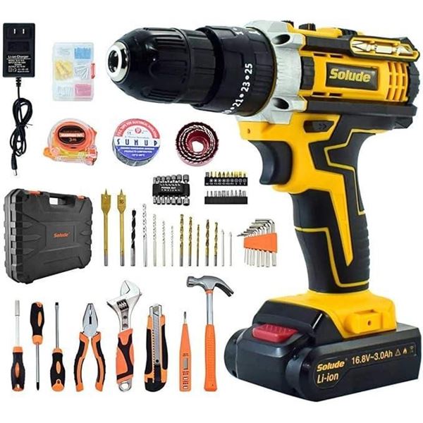 SOLUDE Cordless Drill Driver,16.8V Max Impact Drill,125Pcs Home Power Combo Tool Kit,3/8 Inch Keyles