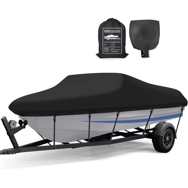 KALINCO Boat Cover, Heavy Duty 600D Waterproof Boat Cover with Motor Cover, UV Resistant Trailerable