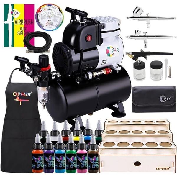 OPHIR Professional 3X Airbrush Kit & 3L Air Compressor Tank with 12 Colors Set Acrylic Paint, Colorw