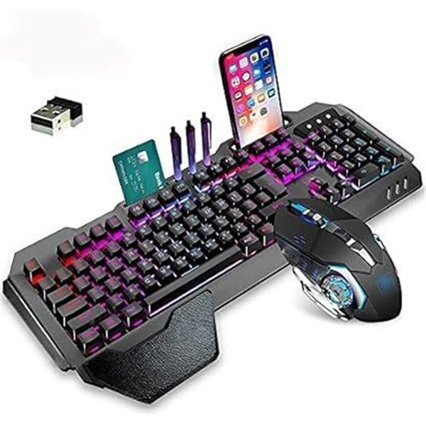 RYEWARY K680 Wireless Gaming Keyboard and Mouse,LED Backlit with 3800mAh Battery Metal Panel,Mechani