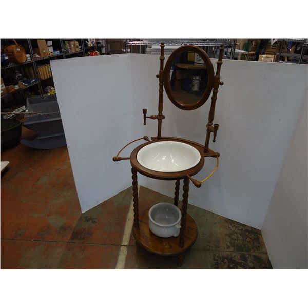*Mahogany 1930's Barley Twist Wash Stand W/Mirror, Candlestick, Basin and Commode 545" High