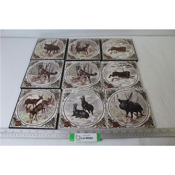(9) Vintage German Wildlife Ceramic Tiles (some tiles missing frames)
