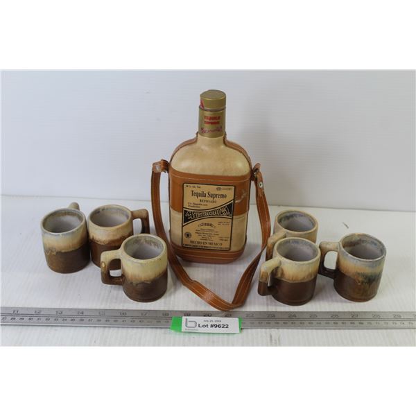 Tequila Supremo Leather Wrapped Bottle - (6) Signed Studio Pottery Espresso Mugs