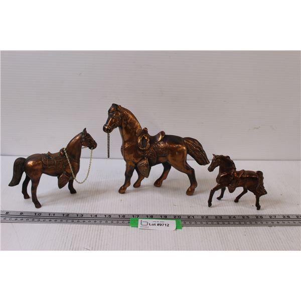 (3) Metal Horse Figurines - 7" & 6" & 4" Tall - Some Damage, Missing Leg