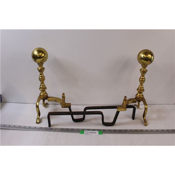 (2) Brass Fire Log Stands Pair - 14" Tall x 18" Long