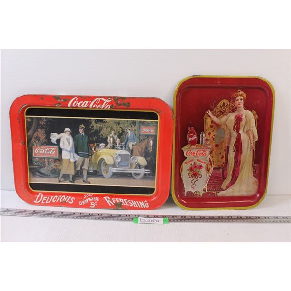 (2) Coca Cola Metal Serving Trays - 17" x 12" & 15" x 11"