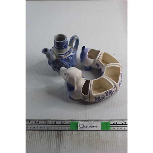 Vintage Blue Willow 5 Piece Dachshund Condiment Set and Flow Blue Tea Pot
