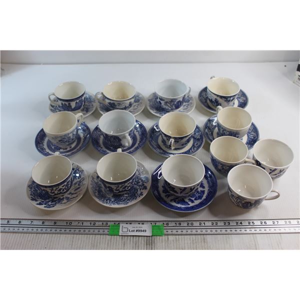 (11) Flow Blue Tea Cup and Saucer Sets Plus (3) Cups
