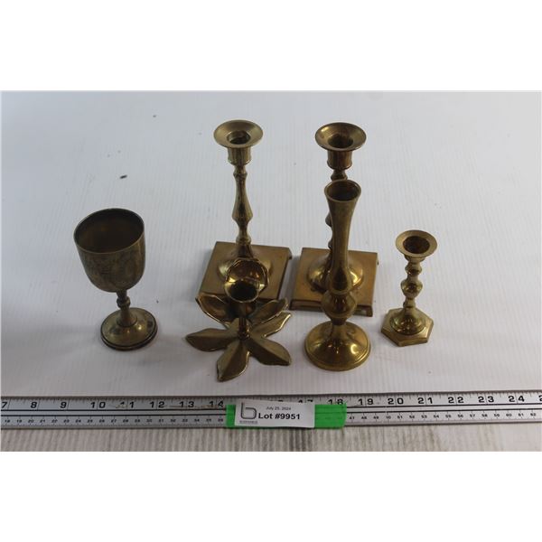 (6) Brass Items - Goblet, Vase, Candleholders