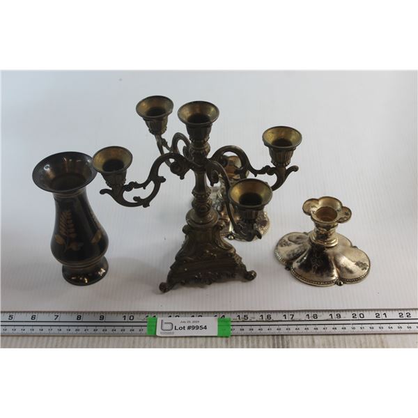 Candelabra, Pair of Candleholders, and Vase