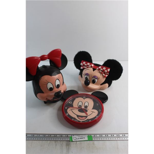 (3) Disney Collectibles - Minnie Mouse Cap, Mickey Clock and Minnie Storage Box