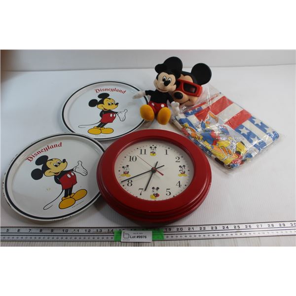 (6) Disney Collectibles - Mickey Mouse Wall Clock, Trays, MK-US Flag and Misc.