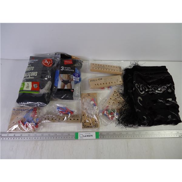 (6) Solid Wood Teaser Games,(2) Pkgs. Men's Briefs(Large) and Scarf