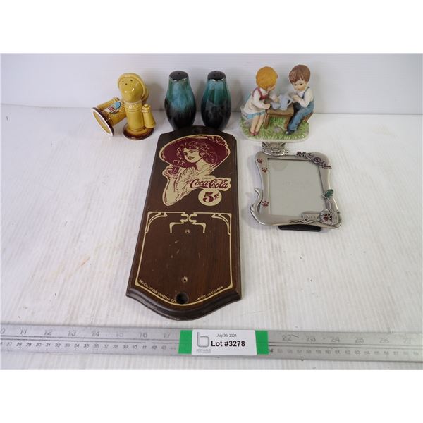 (2) Sets of Salt/Peppers, Coke Sign, Cat Frame and Porcelain Ornament