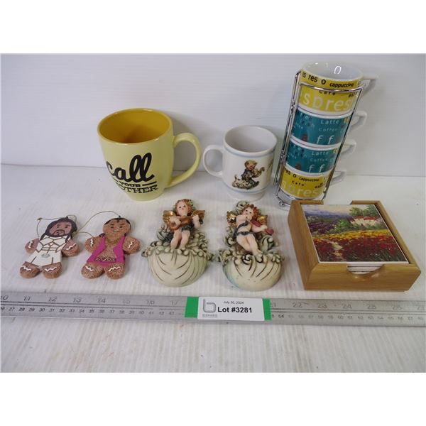 (4) Espresso Cups,(2) Coffee Cups, Coasters,(2) Wall Hangers and (2) WWF Decorations