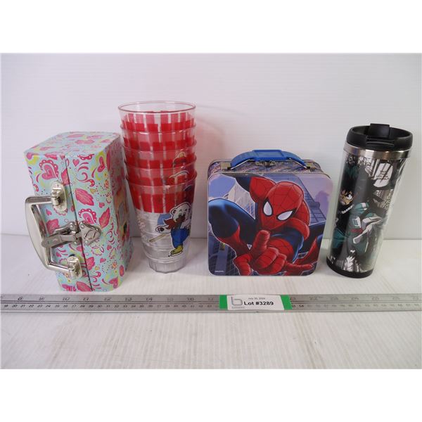 (5) Olympic Plastic Glasses, Spiderman Tin, Travel Mug and Decorative Box